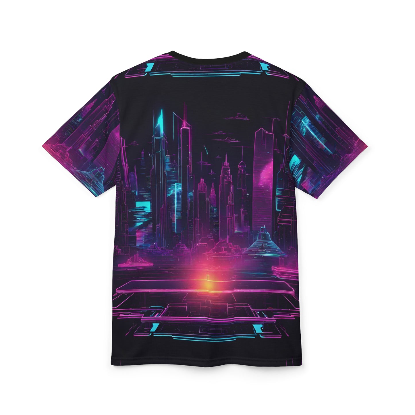 Futuristic Neon City Unisex Tee, Retro Graphic Shirt, Sci-Fi Fashion Top, Gift for Tech Lovers, AOP T-Shirt