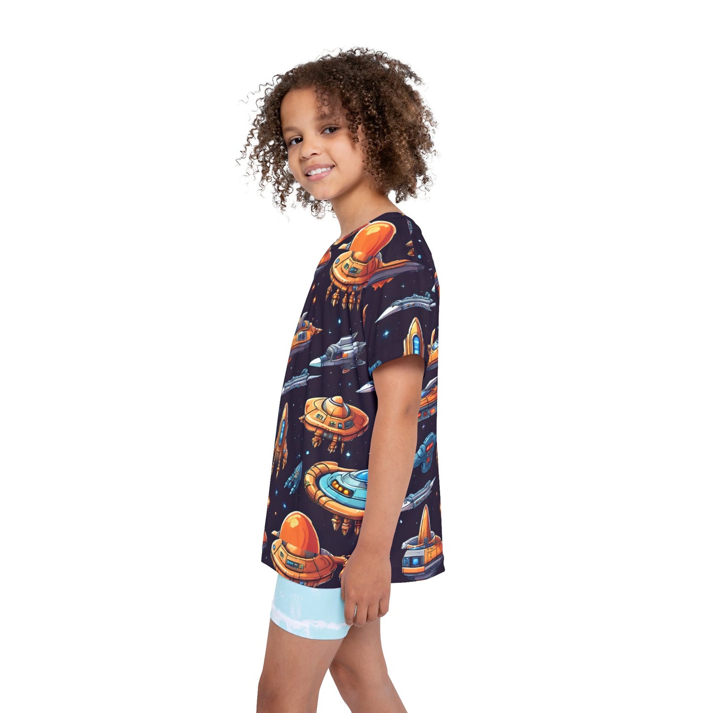 Launch into Playtime: All Over Print Kid Sport Jersey with Space Ships