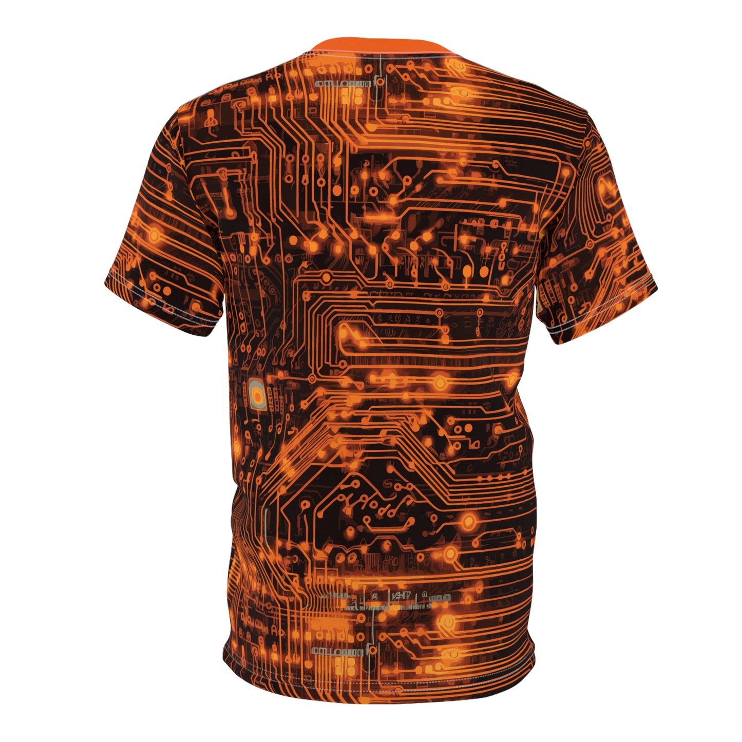 CyberPunk Cybernetic Skull breaking through a Orange Neon Circuit Board Unisex Cut & Sew Tee (AOP) Gifts for her Gifts for Him