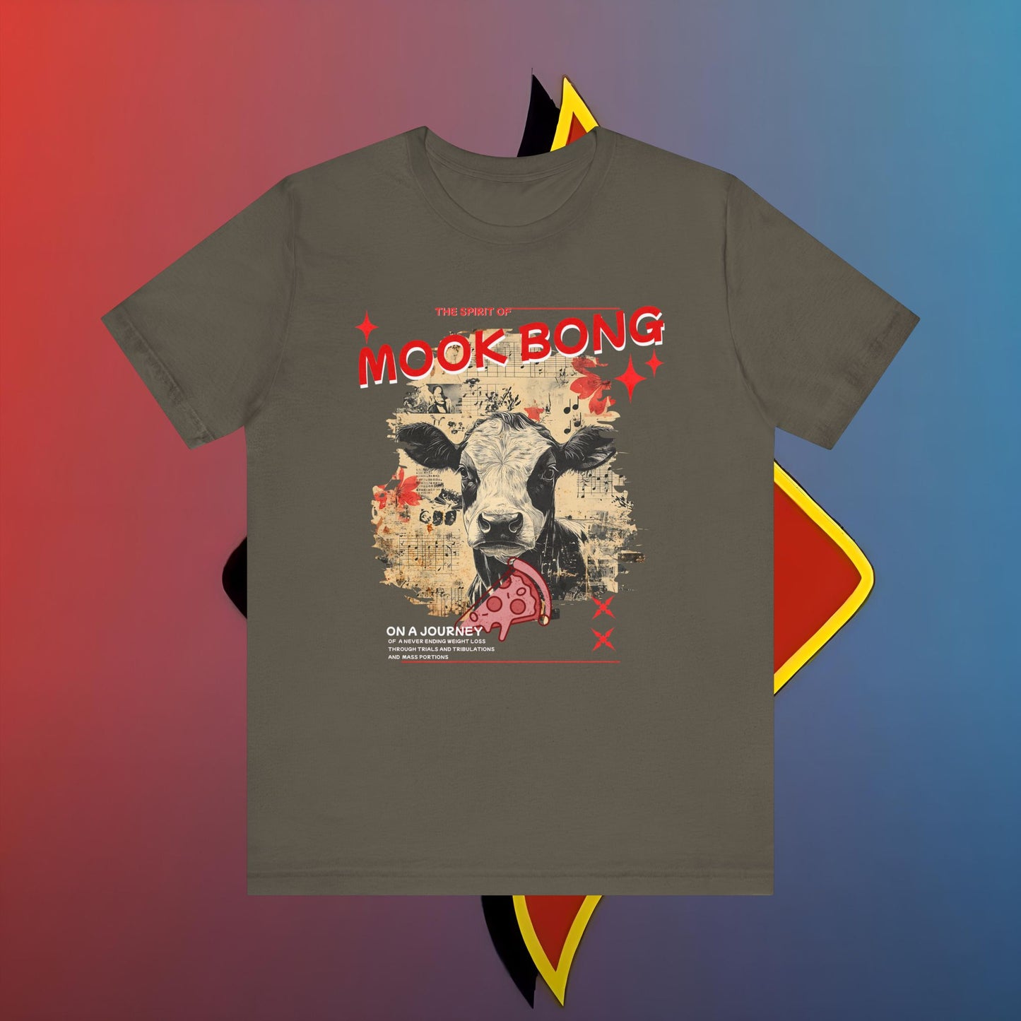 T-shirt with a cow graphic and 'Mook Bong' text on a colorful background