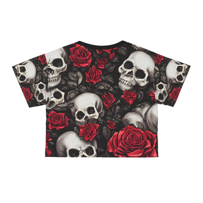 Hyper Realistic Skulls and Red Roses by artist Anne-Laure Goupil Crop Tee (AOP)