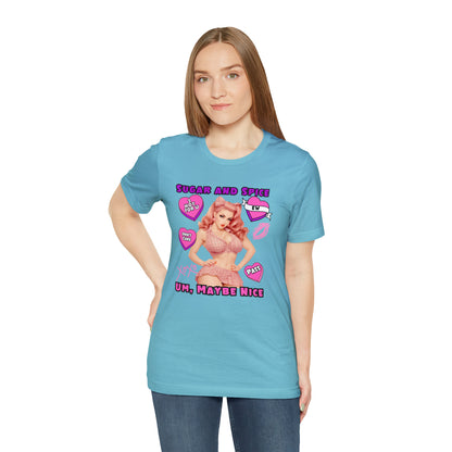 Sarcastic Elegance: Vintage Pink Pinup Girl "Sugar and Spice" on a Bella+Canva 3001 Unisex Jersey T-Shirt - A Must-Have Gift for her