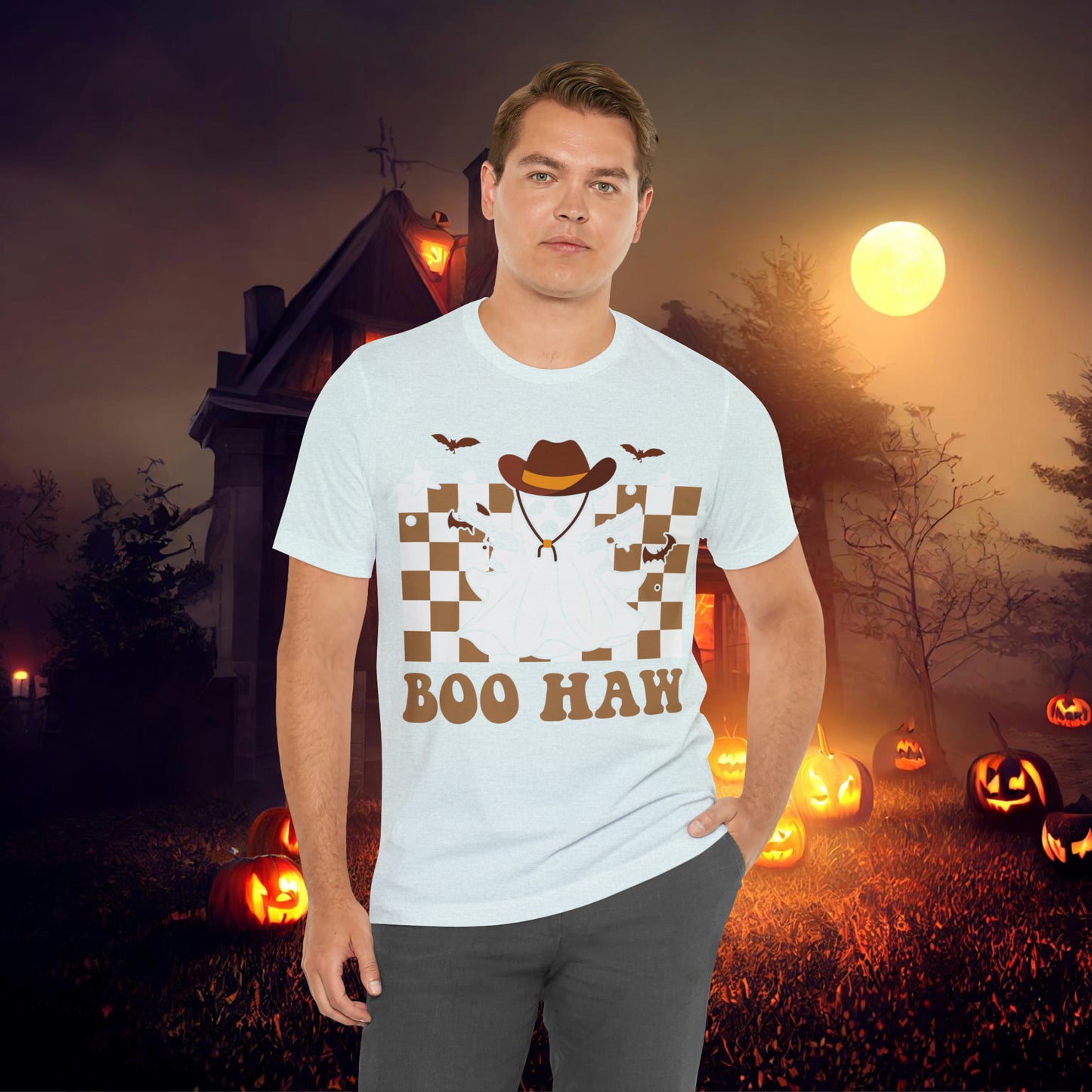 Cowboy Gunslinging Ghost saying Boo Haw Retro Western Halloween Unisex Jersey Short Sleeve Tee Gifts for Him Gifts for Her