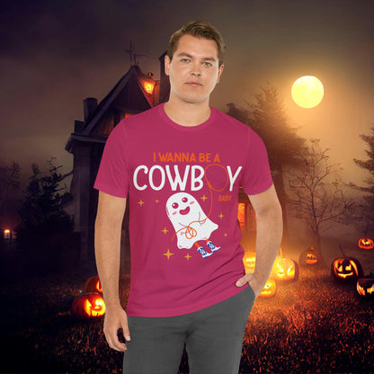Little Ghost Saying I wanna be a cowboy baby Retro Groovy Western Halloween Unisex Jersey Short Sleeve Tee Gifts for Him Gifts for her.