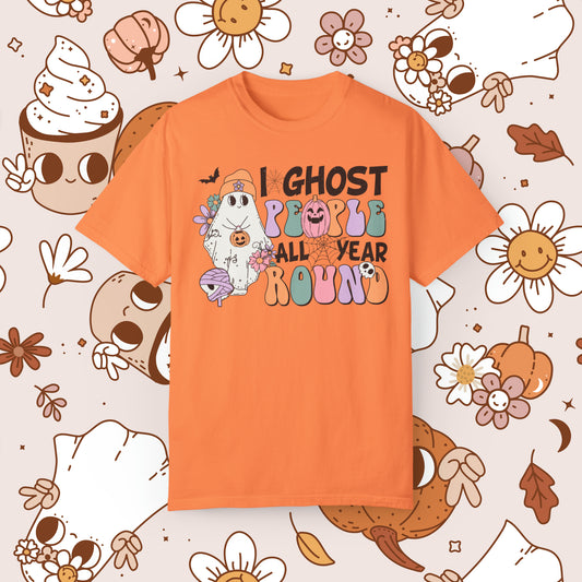 I Ghost People all Year Round Retro Groovy Halloween Unisex Garment-Dyed T-shirt Gifts for Him Gifts for Her