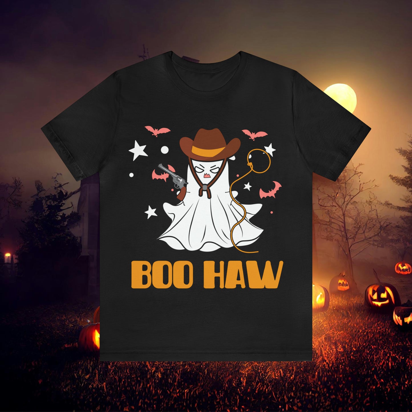 Ghost Cowboy Gunslinger saying Boo Haw Retro Western Halloween Unisex Jersey Short Sleeve Tee Gifts for Her Gifts for Him