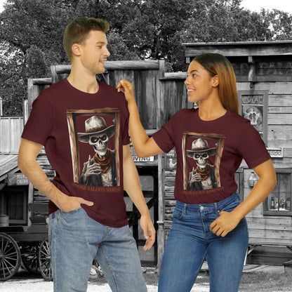 Spooky Saloon Showdown Gunslinging Skeleton Cowboy Halloween Unisex Jersey Short Sleeve Tee