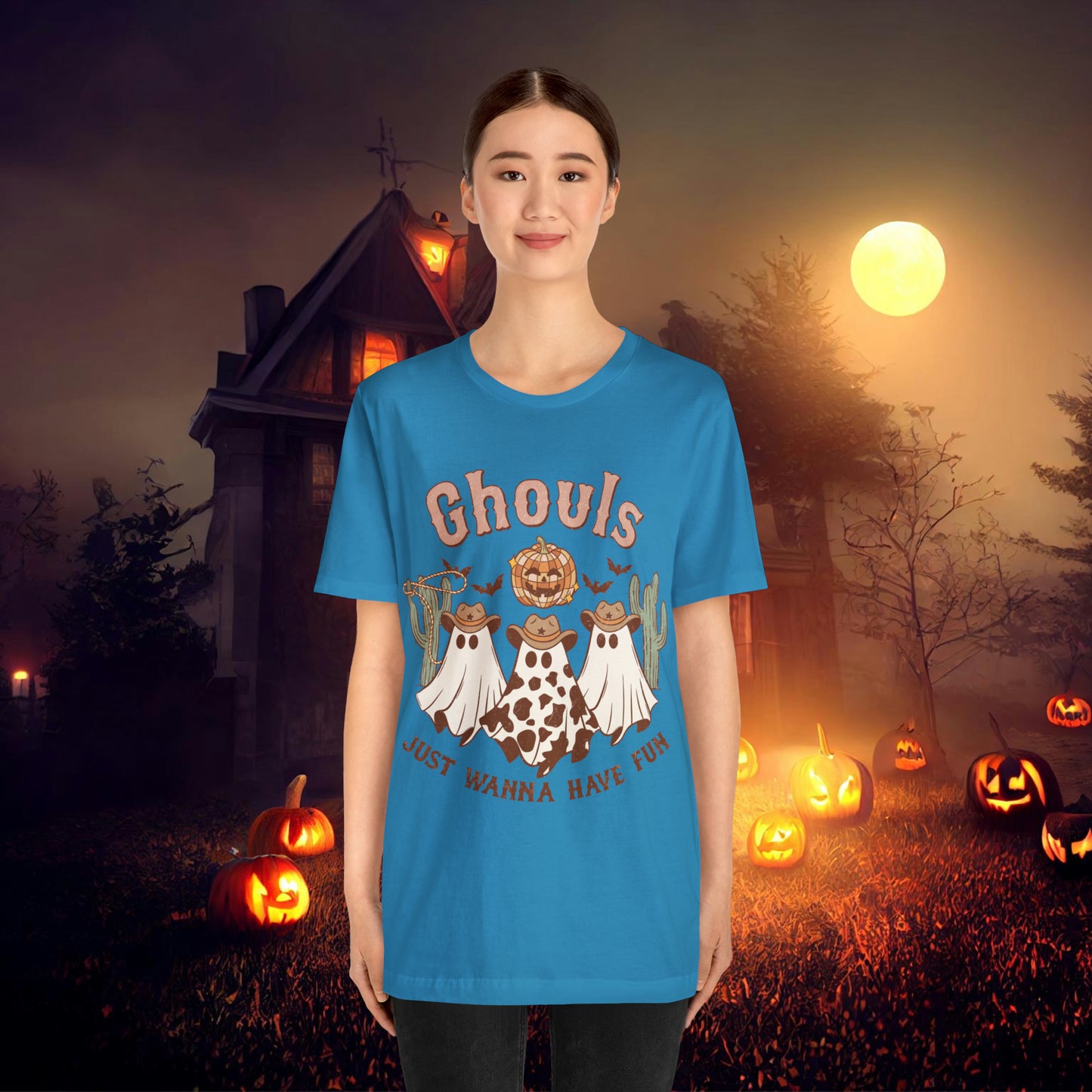 Ghouls Just wanna have fun Cowgirl Ghosts Retro Halloween Unisex Jersey Short Sleeve Tee Gifts for her