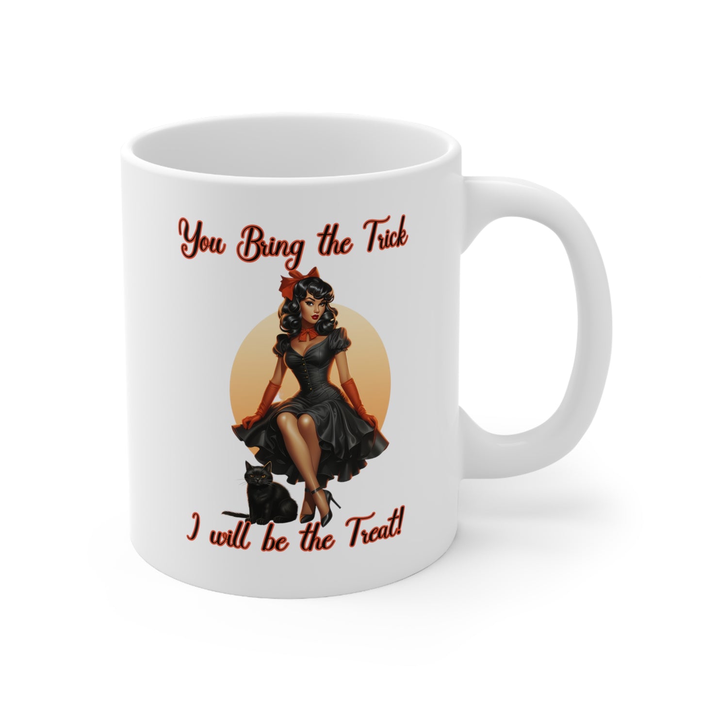 Vintage Pinup Witch: Sip Your Spells in Style "You bring the Trick I will be the Treat" Halloween Ceramic 11oz Mug gifts for her