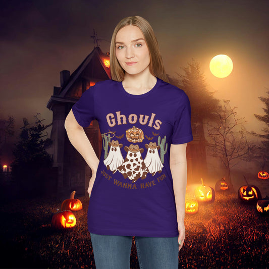 Ghouls Just wanna have fun Cowgirl Ghosts Retro Halloween Unisex Jersey Short Sleeve Tee Gifts for her