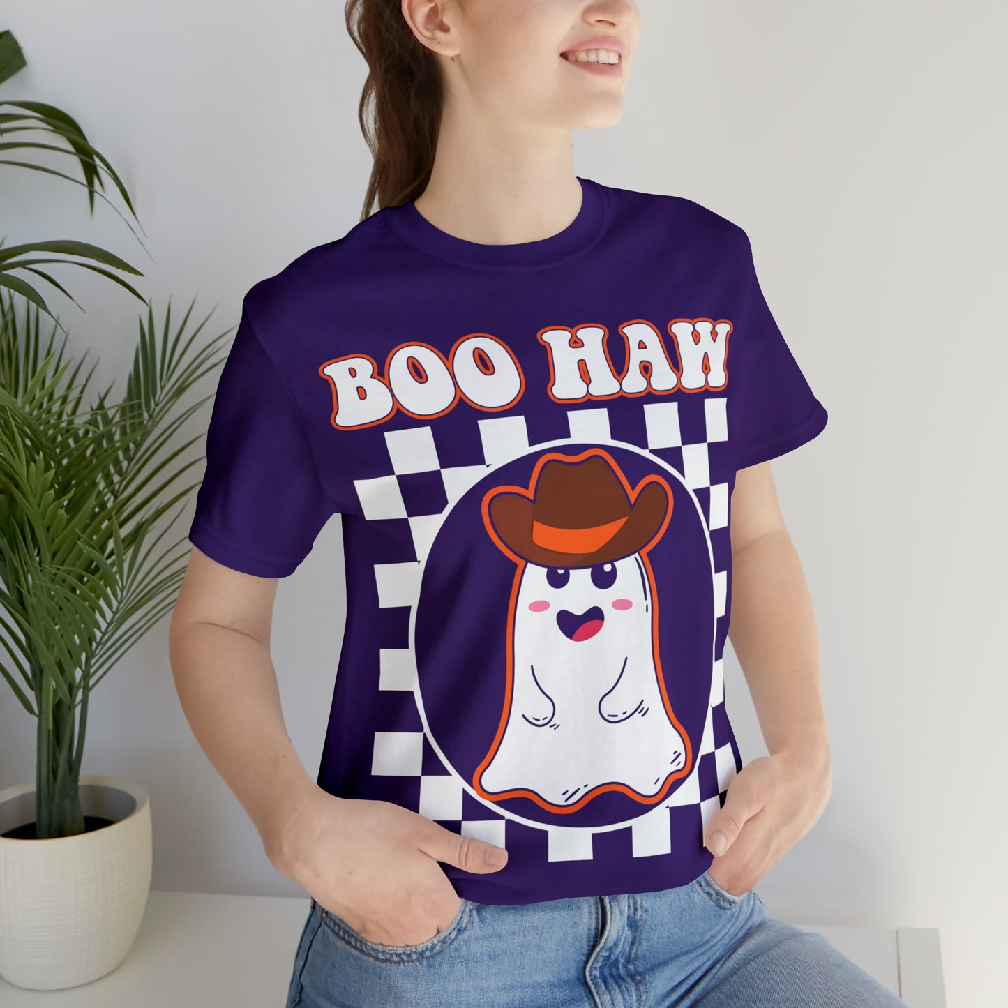 Cute Cowboy Ghost Saying Boo Haw Retro Groovy Western Halloween Unisex Jersey Short Sleeve Tee Gifts for Him Gifts For Her