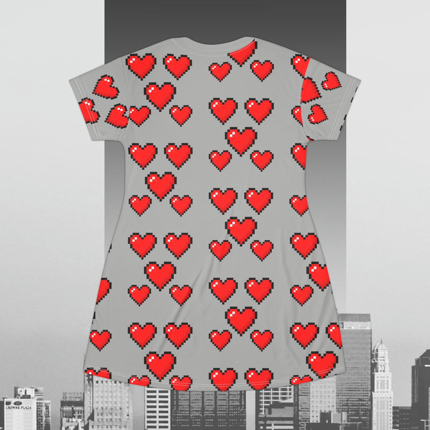 8 bit Heart Dress in Light Grey T-Shirt Dress (AOP)