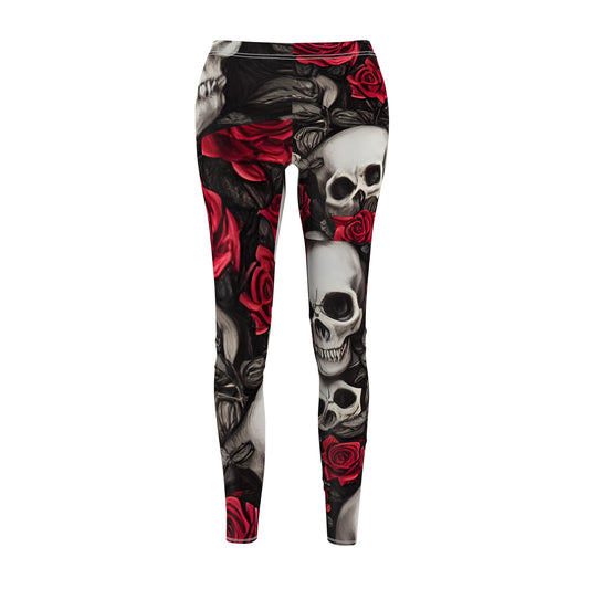 Hyper Realistic Skulls and Red Roses by artist Anne-Laure Goupil Women's Cut & Sew Casual Leggings (AOP)