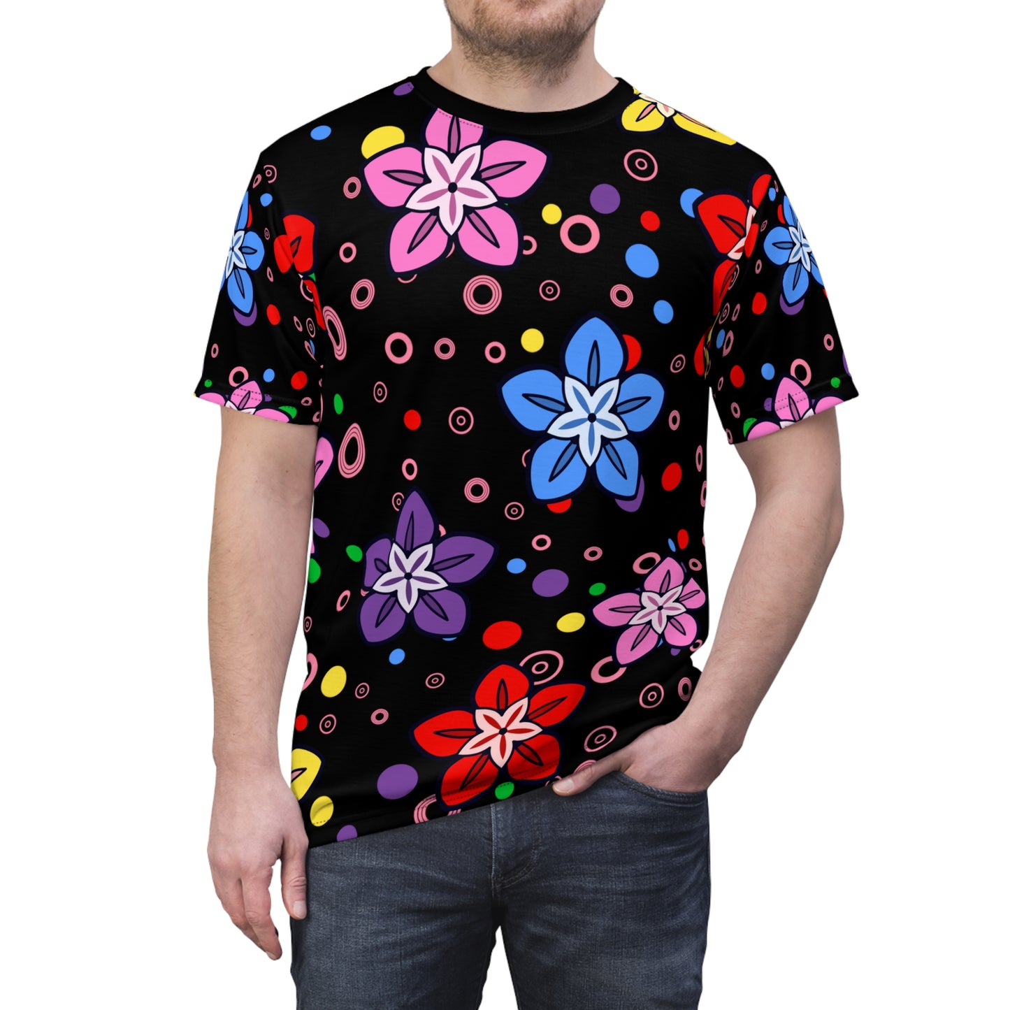 Retro Colorful Flowers Unisex Cut & Sew Tee (AOP)