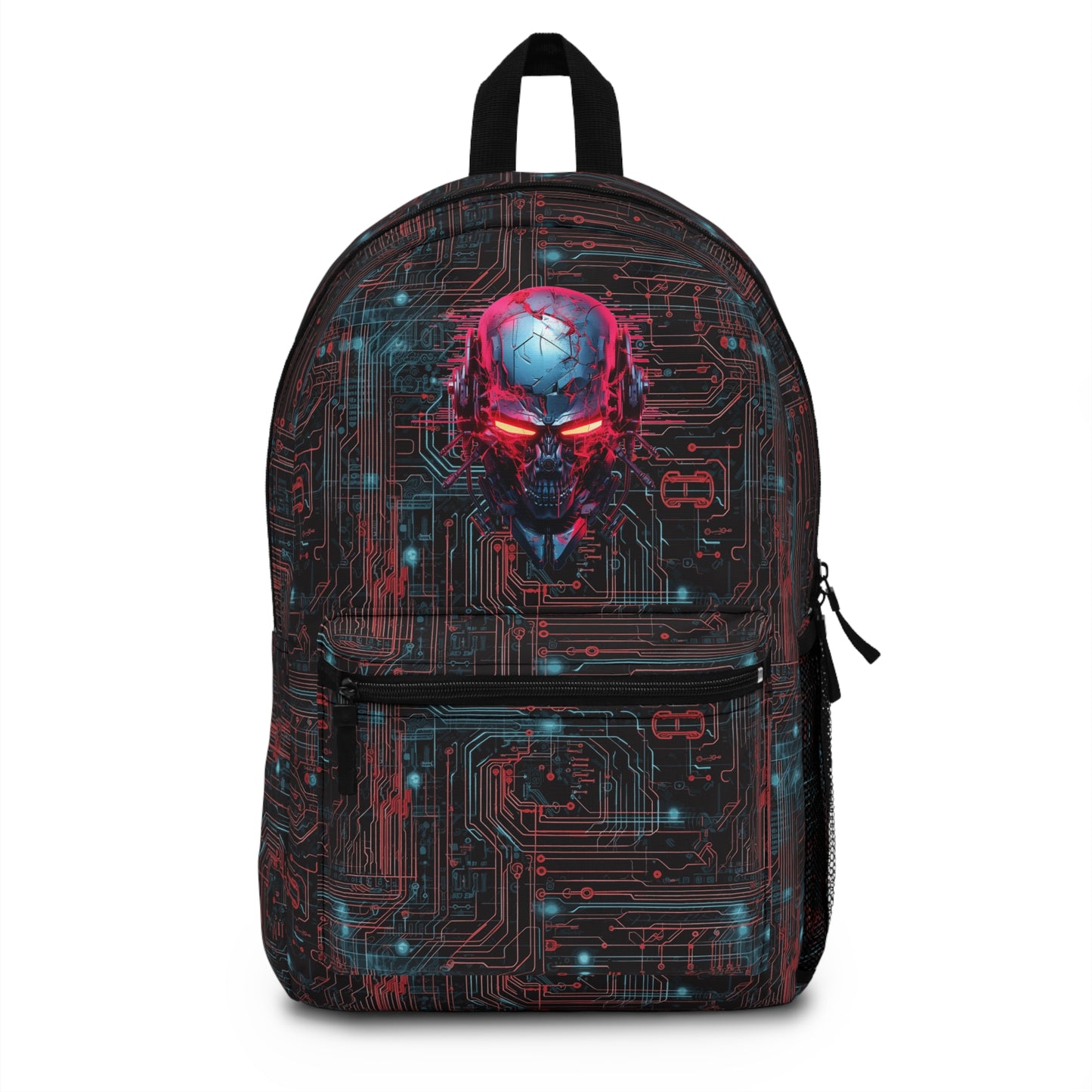 CyberPunk Cybernetic Skull breaking through a Red and Blue Neon Circuit Board Backpack