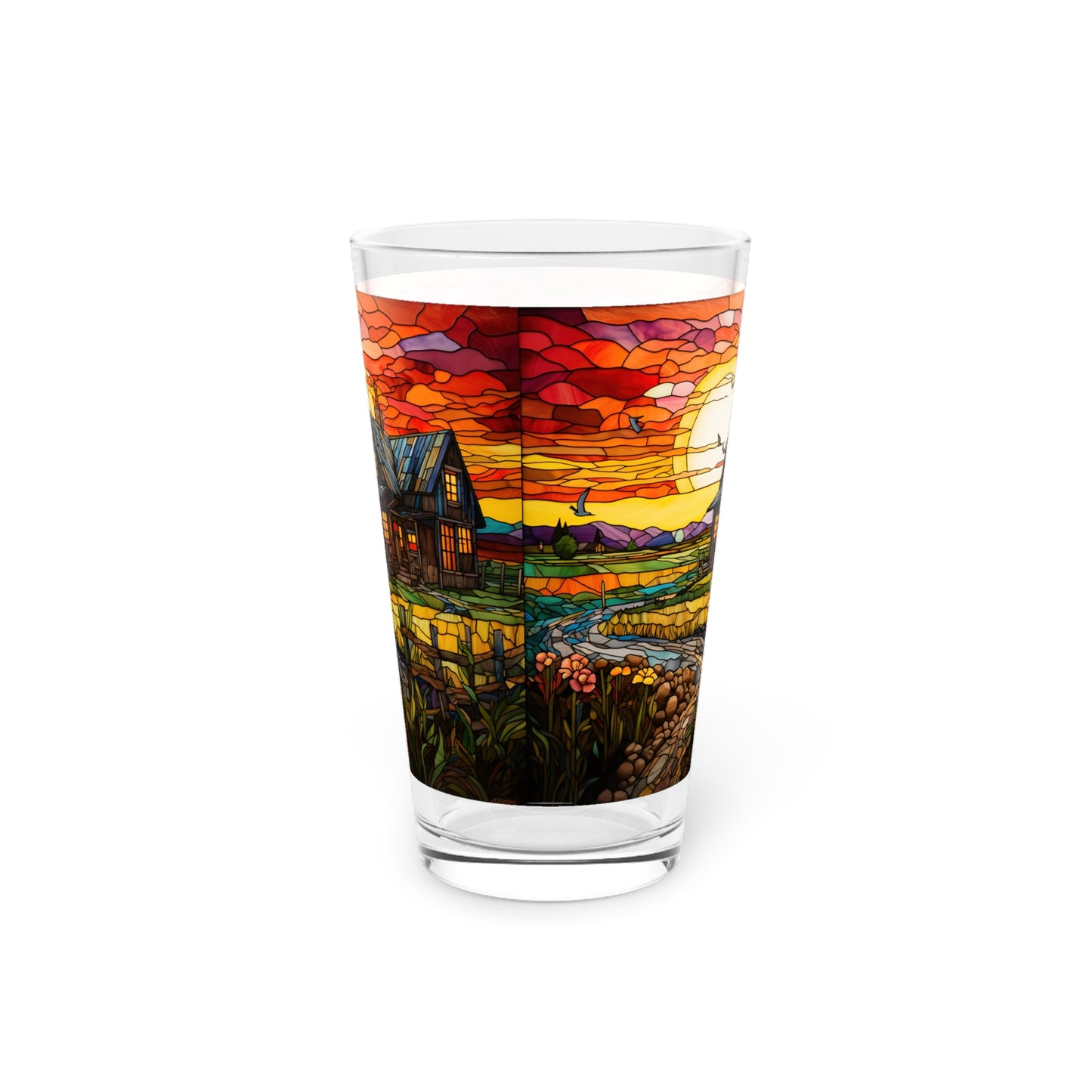 Rural Serenity: a charming farmhouse, near a cobblestone path 16oz Pint Glass Gift idea gifts for home decor housewarming gift