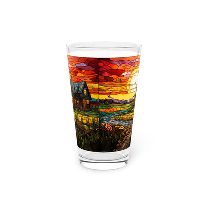 Rural Serenity: a charming farmhouse, near a cobblestone path 16oz Pint Glass Gift idea gifts for home decor housewarming gift