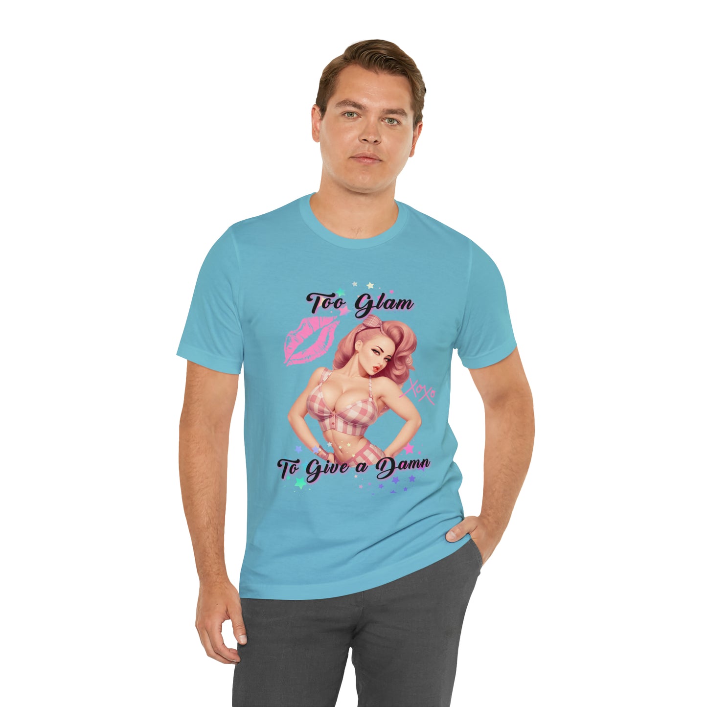 Vintage Pink Pinup Girl "Too Glam To Give a D*mn" on a Bella+Canva 3001 Unisex Jersey T-Shirt - A Must-Have Gift for her