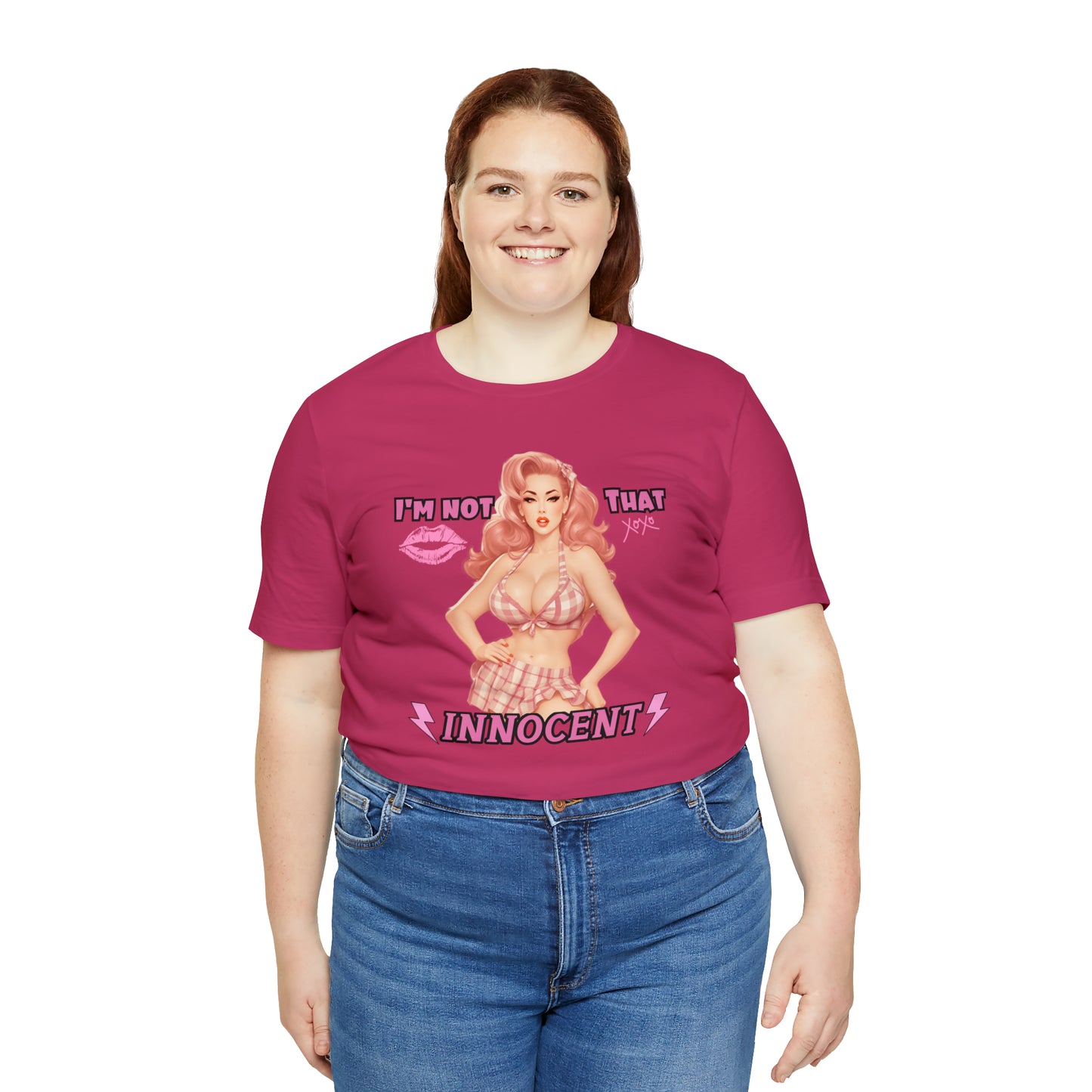 Timeless Elegance: Vintage Pink Pinup Girl "I'm not that Innocent on a Bella+Canva 3001 Unisex Jersey T-Shirt - A Must-Have Gift for her