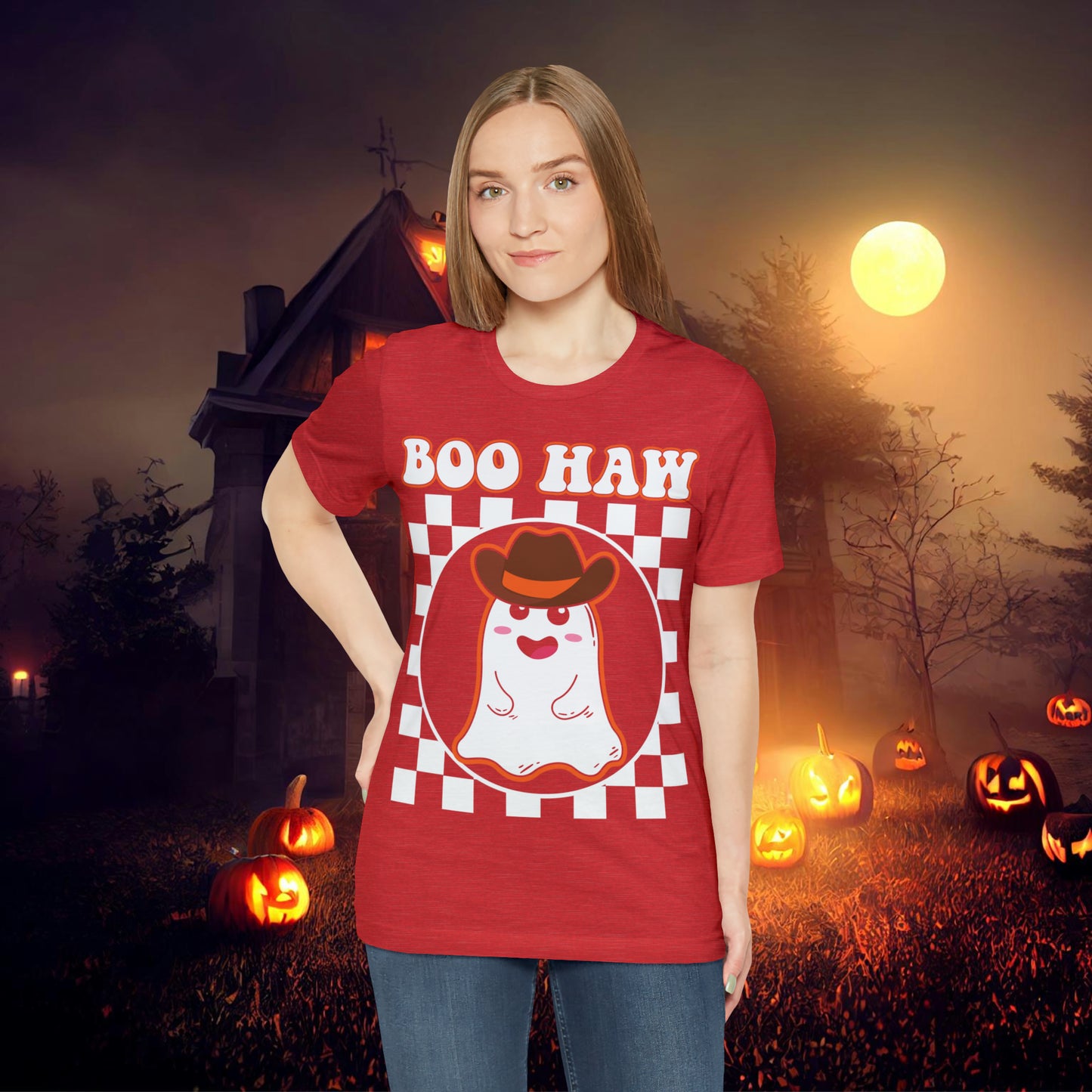 Cute Cowboy Ghost Saying Boo Haw Retro Groovy Western Halloween Unisex Jersey Short Sleeve Tee Gifts for Him Gifts For Her