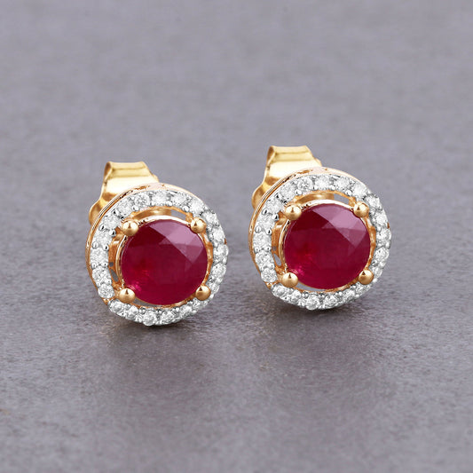 1.22 Carat Genuine Ruby and White Diamond 14K Yellow Gold Earrings