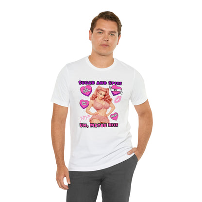 Sarcastic Elegance: Vintage Pink Pinup Girl "Sugar and Spice" on a Bella+Canva 3001 Unisex Jersey T-Shirt - A Must-Have Gift for her