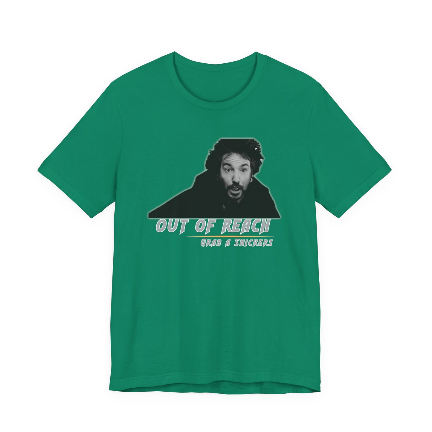 Inspired Parody Die Hard Hans Gruber Tee: Out of Reach, Grab a Snickers! Unisex Jersey Short Sleeve Tee