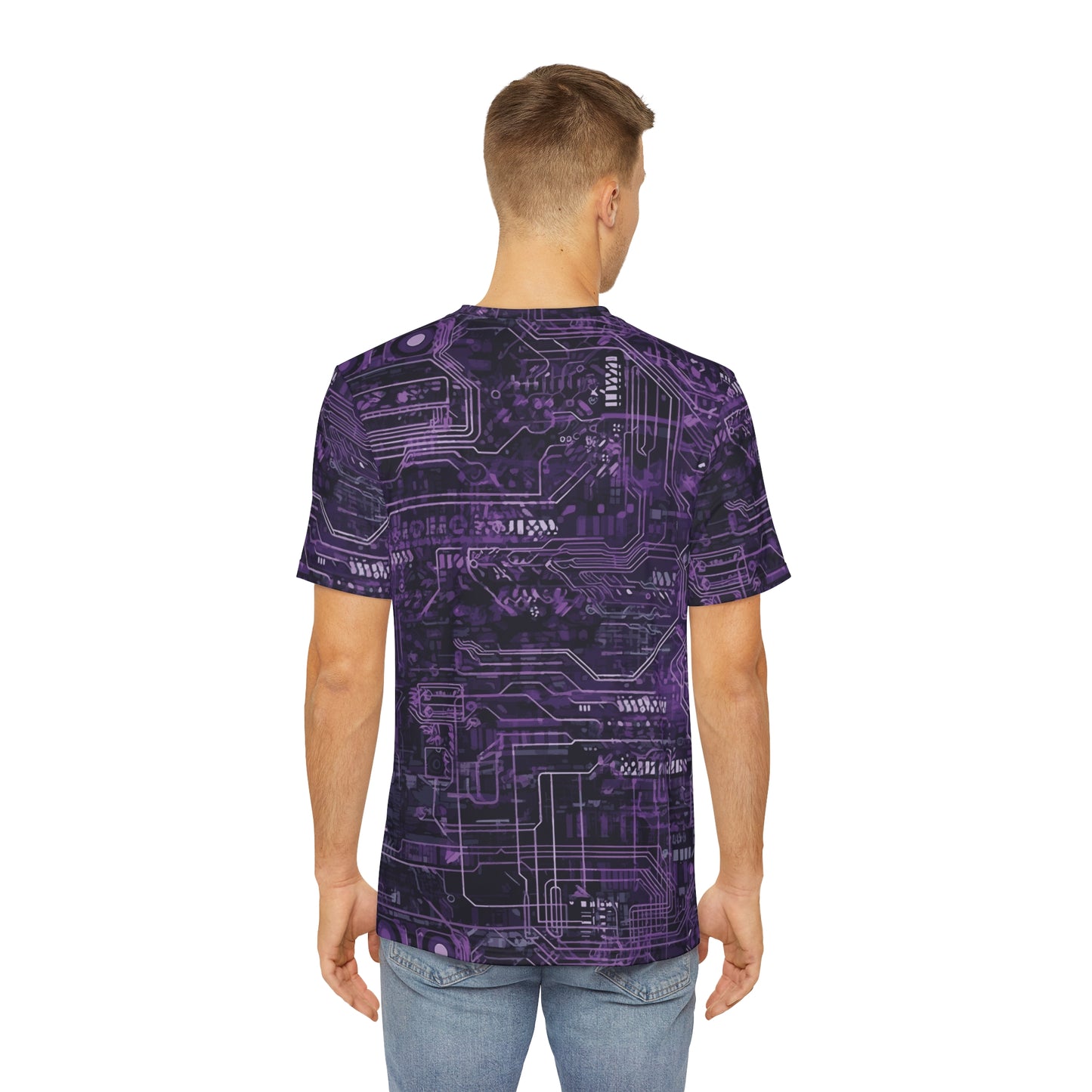 CyberPunk Cybernetic Skull breaking through a Purple Neon Circuit Board Men's Polyester Tee (AOP)