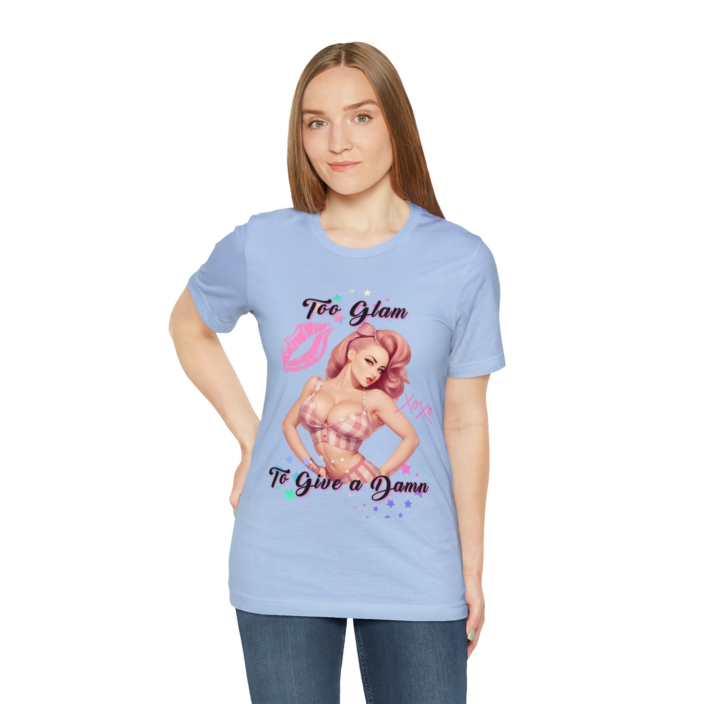 Vintage Pink Pinup Girl "Too Glam To Give a D*mn" on a Bella+Canva 3001 Unisex Jersey T-Shirt - A Must-Have Gift for her