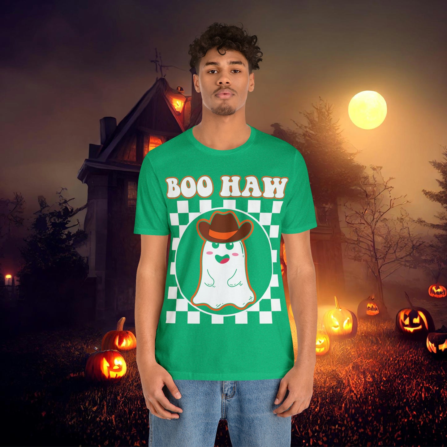 Cute Cowboy Ghost Saying Boo Haw Retro Groovy Western Halloween Unisex Jersey Short Sleeve Tee Gifts for Him Gifts For Her