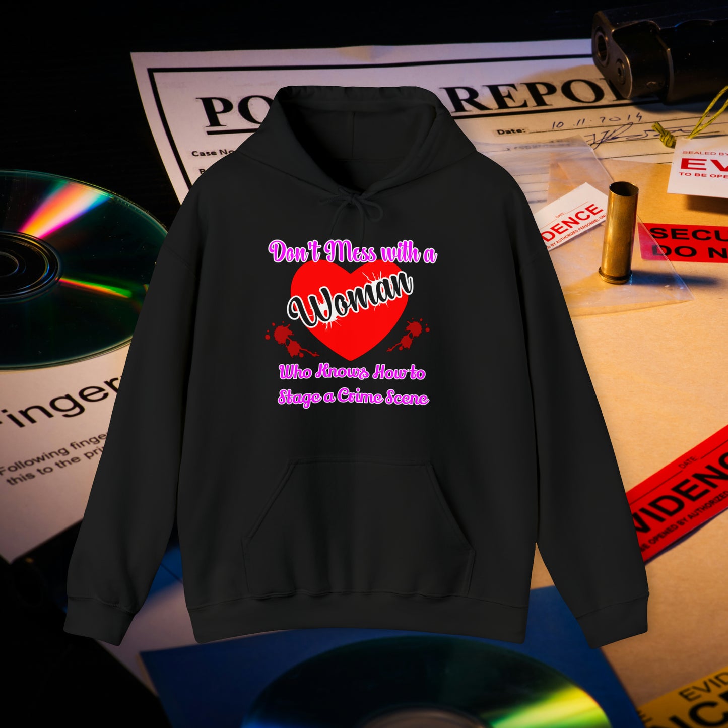 Don't Mess With a Woman who knows how to stage a Crime Scene Unisex Heavy Blend™ Hooded Sweatshirt Gifts for Him Gifts for her