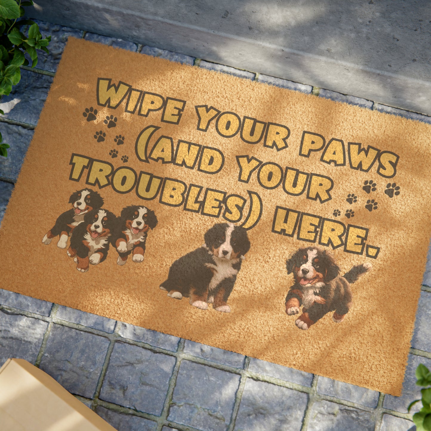 Wipe Your Paws (and Your Troubles) Here' Bernese Mountain Dog Puppies Doormat | 24" x 16" | Outdoor Coir Welcome Mat