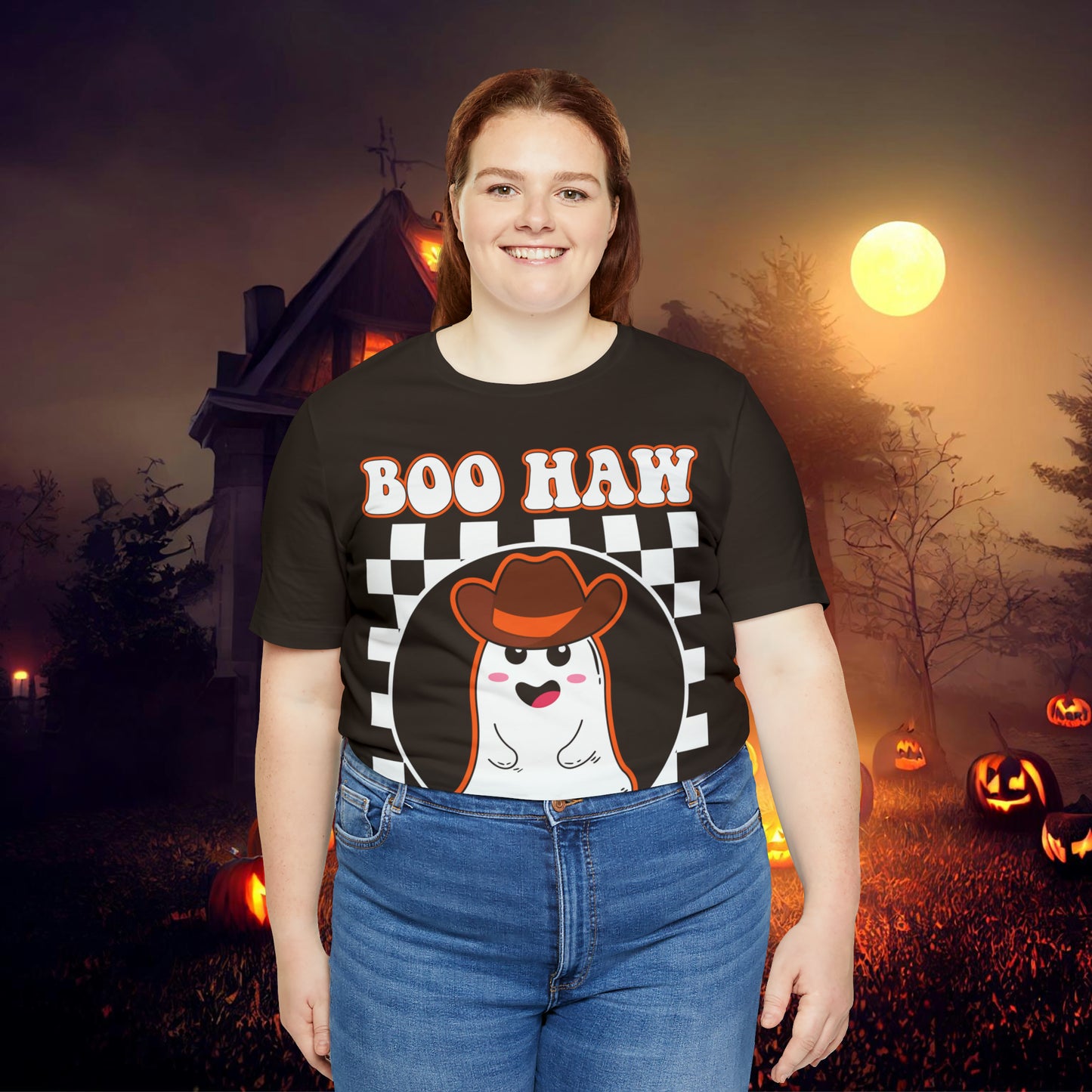 Cute Cowboy Ghost Saying Boo Haw Retro Groovy Western Halloween Unisex Jersey Short Sleeve Tee Gifts for Him Gifts For Her