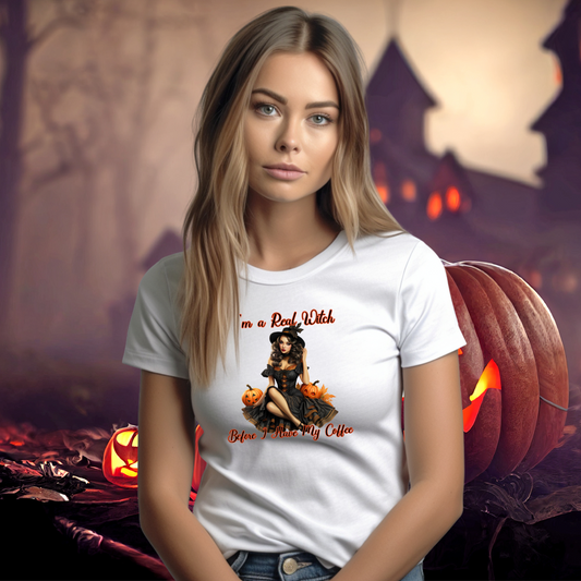 Vintage Witch Pin-Up I'm a real witch before my coffee Halloween Unisex Jersey Short Sleeve Tee Gifts for her