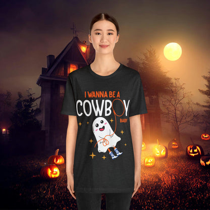 Little Ghost Saying I wanna be a cowboy baby Retro Groovy Western Halloween Unisex Jersey Short Sleeve Tee Gifts for Him Gifts for her.