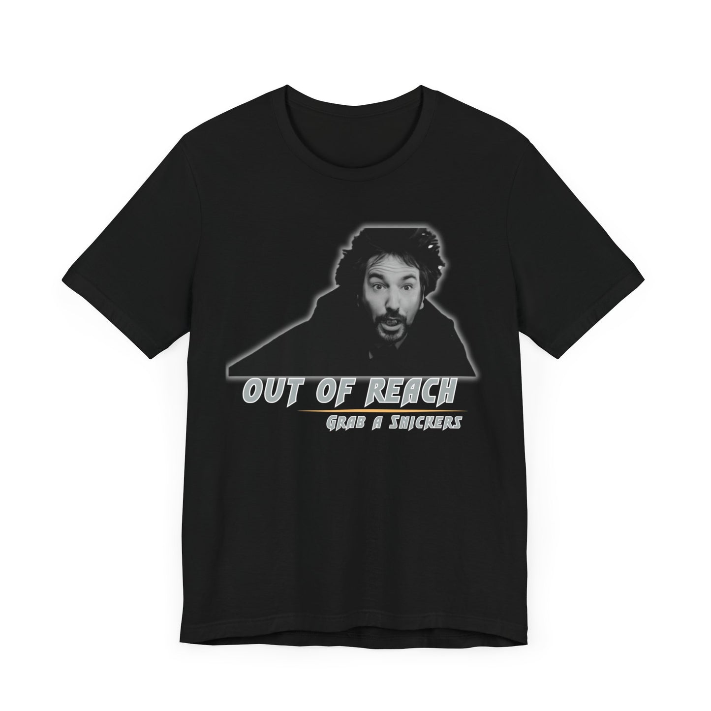 Inspired Parody Die Hard Hans Gruber Tee: Out of Reach, Grab a Snickers! Unisex Jersey Short Sleeve Tee