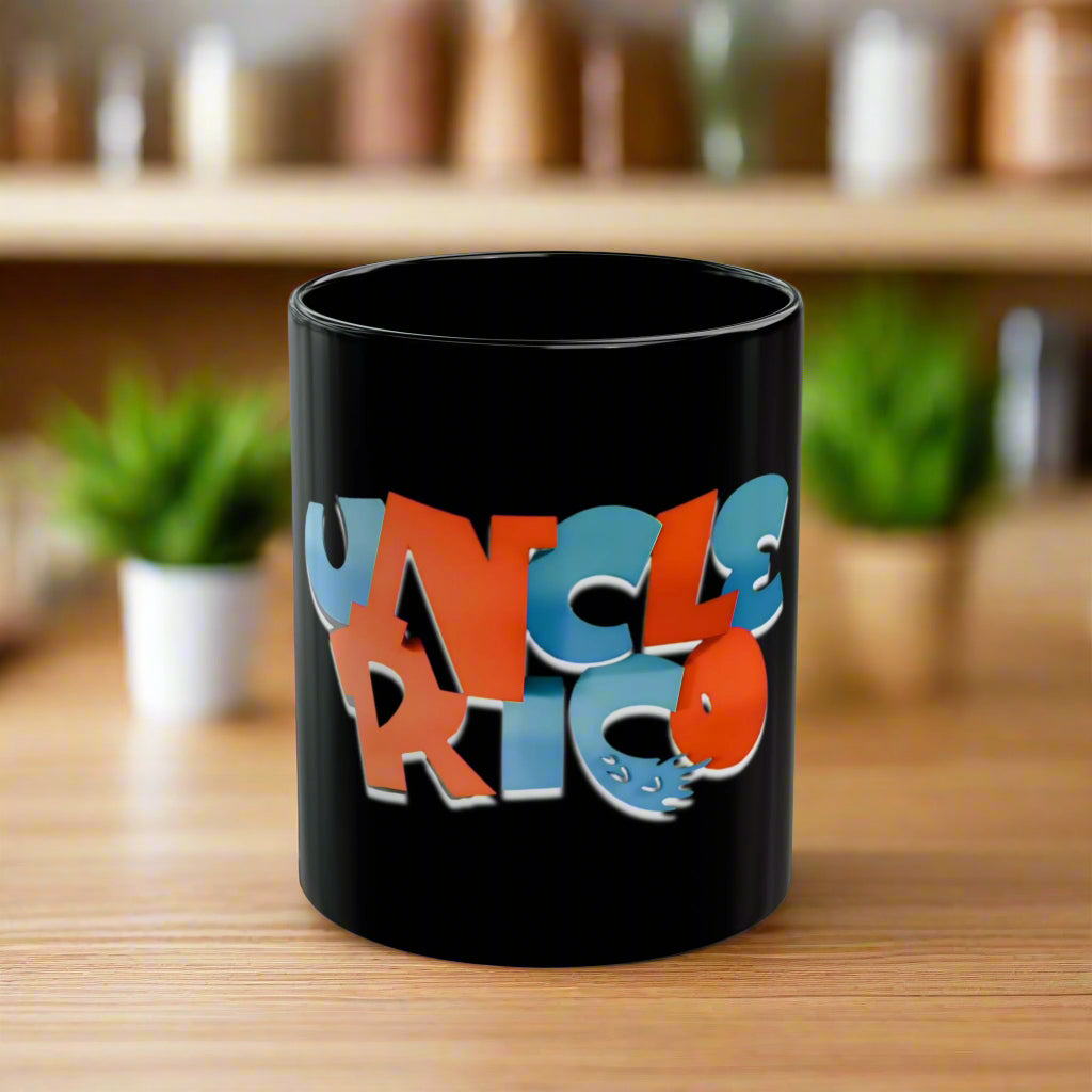 Black mug with colorful 'Uncle Rico' text on a white background