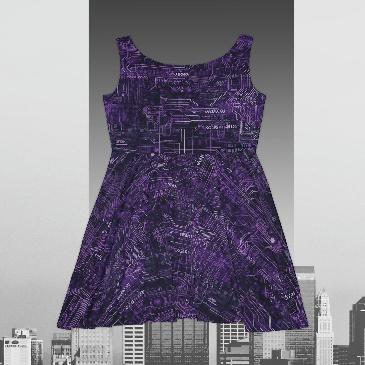 CyberPunk Cybernetic Skull breaking through a Purple Neon Circuit Board Women's Skater Dress (AOP)