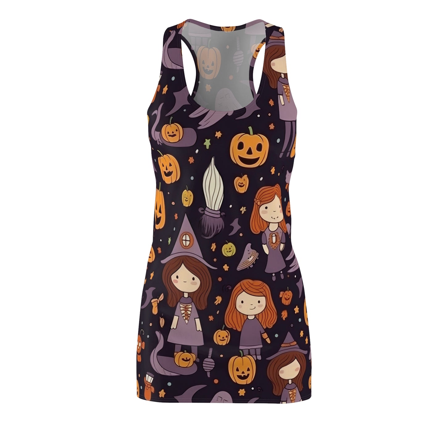 Halloween Trick or Treat Ghosts Witch Hats Jack o Lanterns Women's Cut & Sew Racerback Dress (AOP)