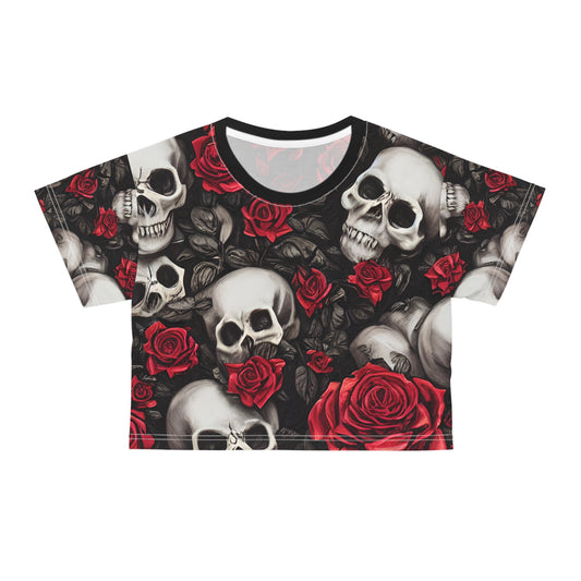 Hyper Realistic Skulls and Red Roses by artist Anne-Laure Goupil Crop Tee (AOP)