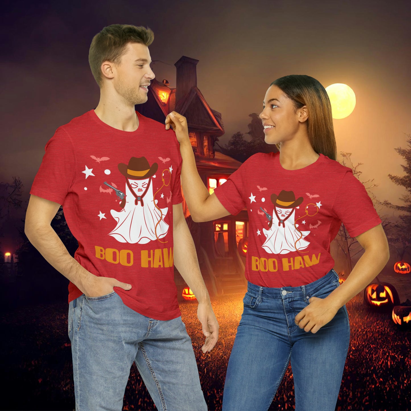 Ghost Cowboy Gunslinger saying Boo Haw Retro Western Halloween Unisex Jersey Short Sleeve Tee Gifts for Her Gifts for Him