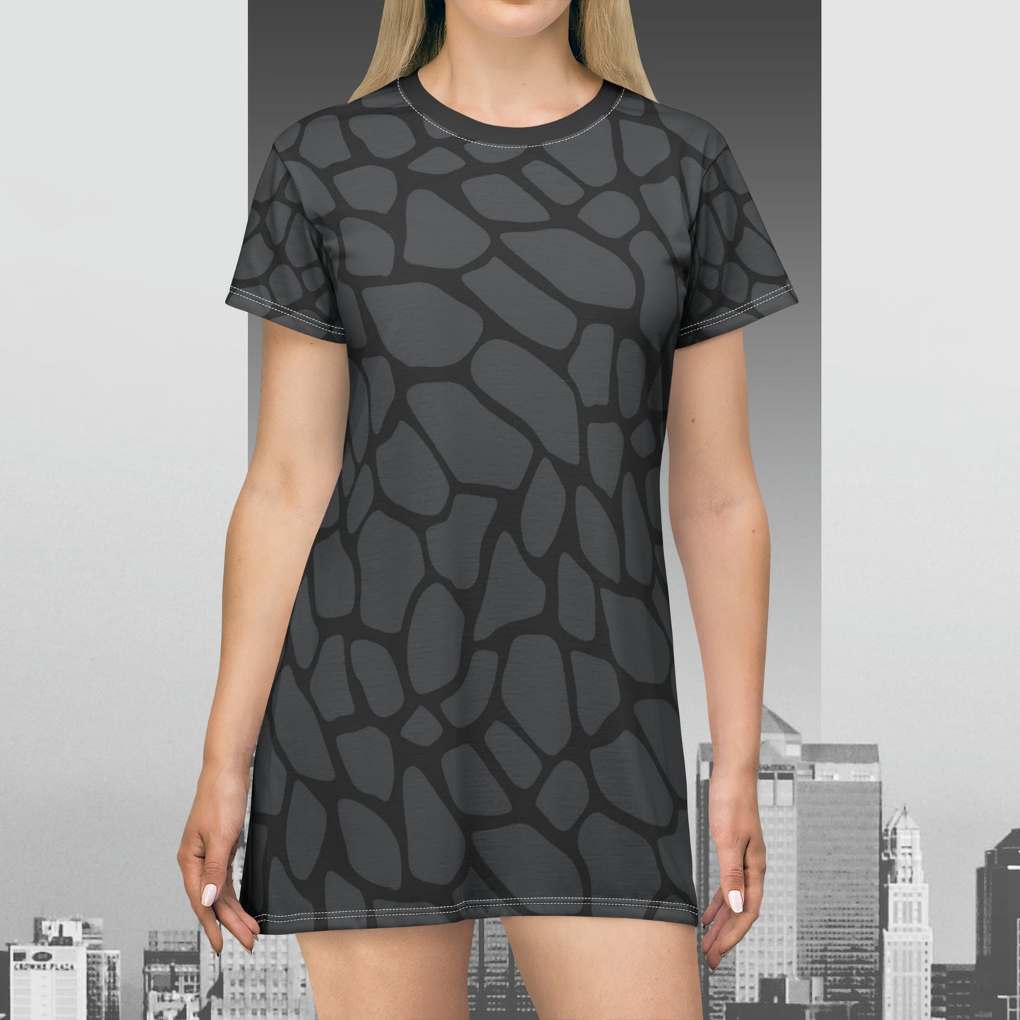 Dark Grey Snake Skin T-Shirt Dress (AOP)