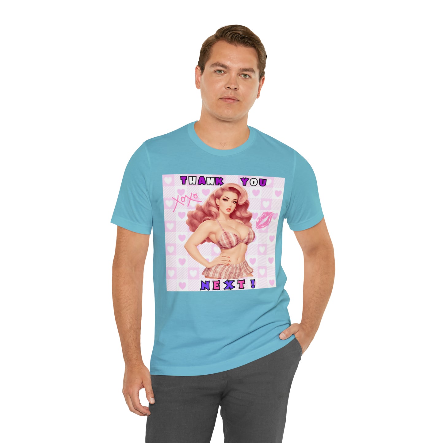 Timeless Elegance: Vintage Pink Pinup Girl "Thank You Next" on a Bella+Canva 3001 Unisex Jersey T-Shirt - A Must-Have Gift for her