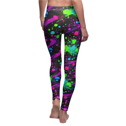 Green & Pink Splatter Vibes Leggings Women's Cut & Sew Casual Leggings (AOP)