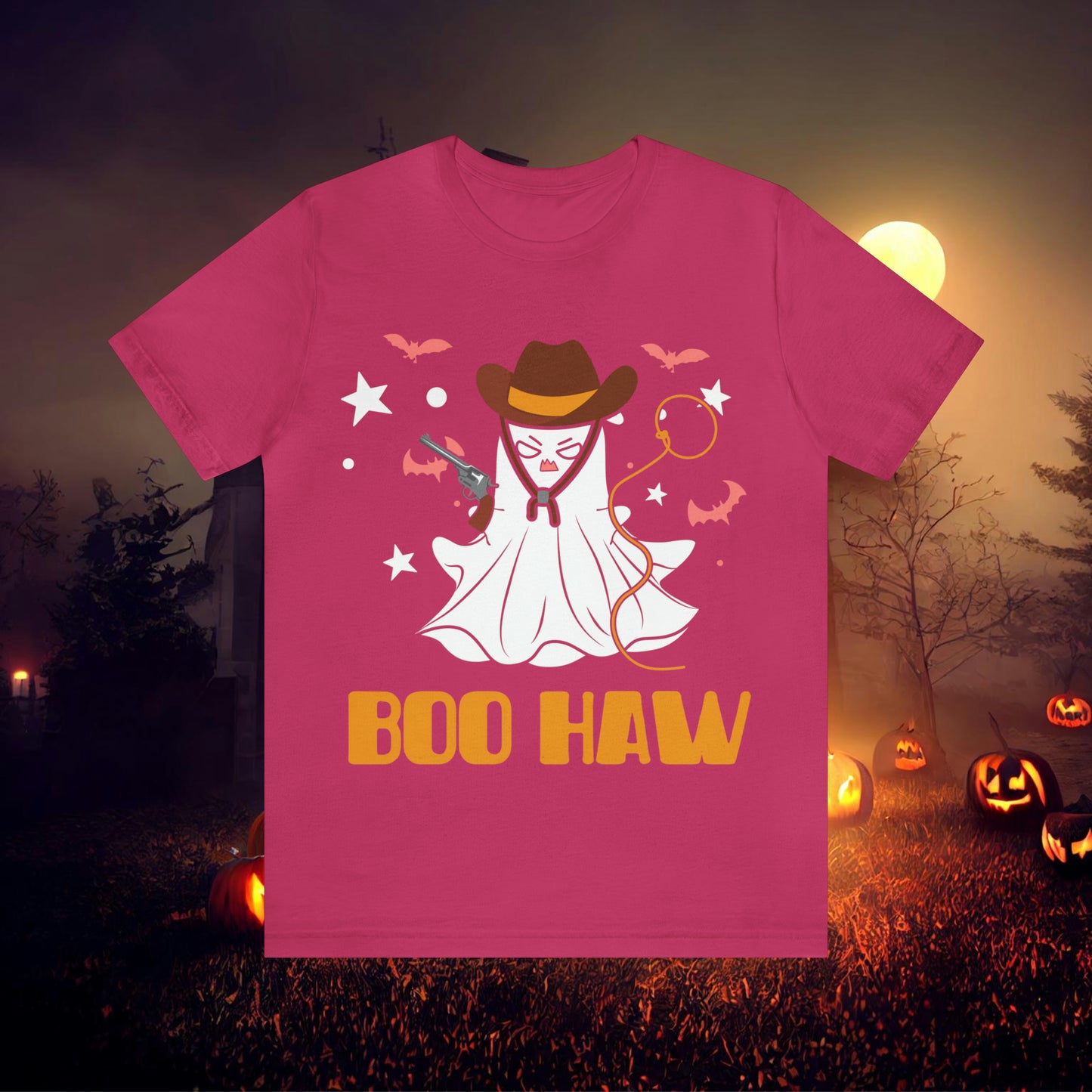 Ghost Cowboy Gunslinger saying Boo Haw Retro Western Halloween Unisex Jersey Short Sleeve Tee Gifts for Her Gifts for Him