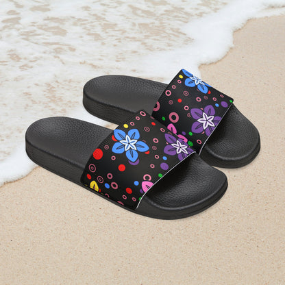 Good Times Good Vibes Feeling Groovy Retro Colorful Flowers Women's PU Slide Sandals