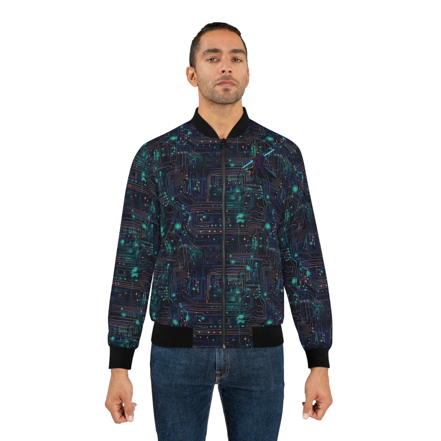 Cyberpunk Vanguard: Neon Circuit Board Men's Bomber Jacket (AOP)