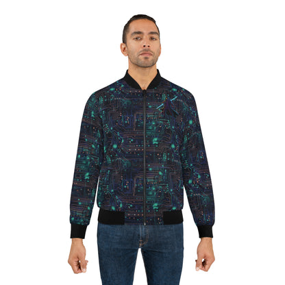 Cyberpunk Vanguard: Neon Circuit Board Men's Bomber Jacket (AOP)