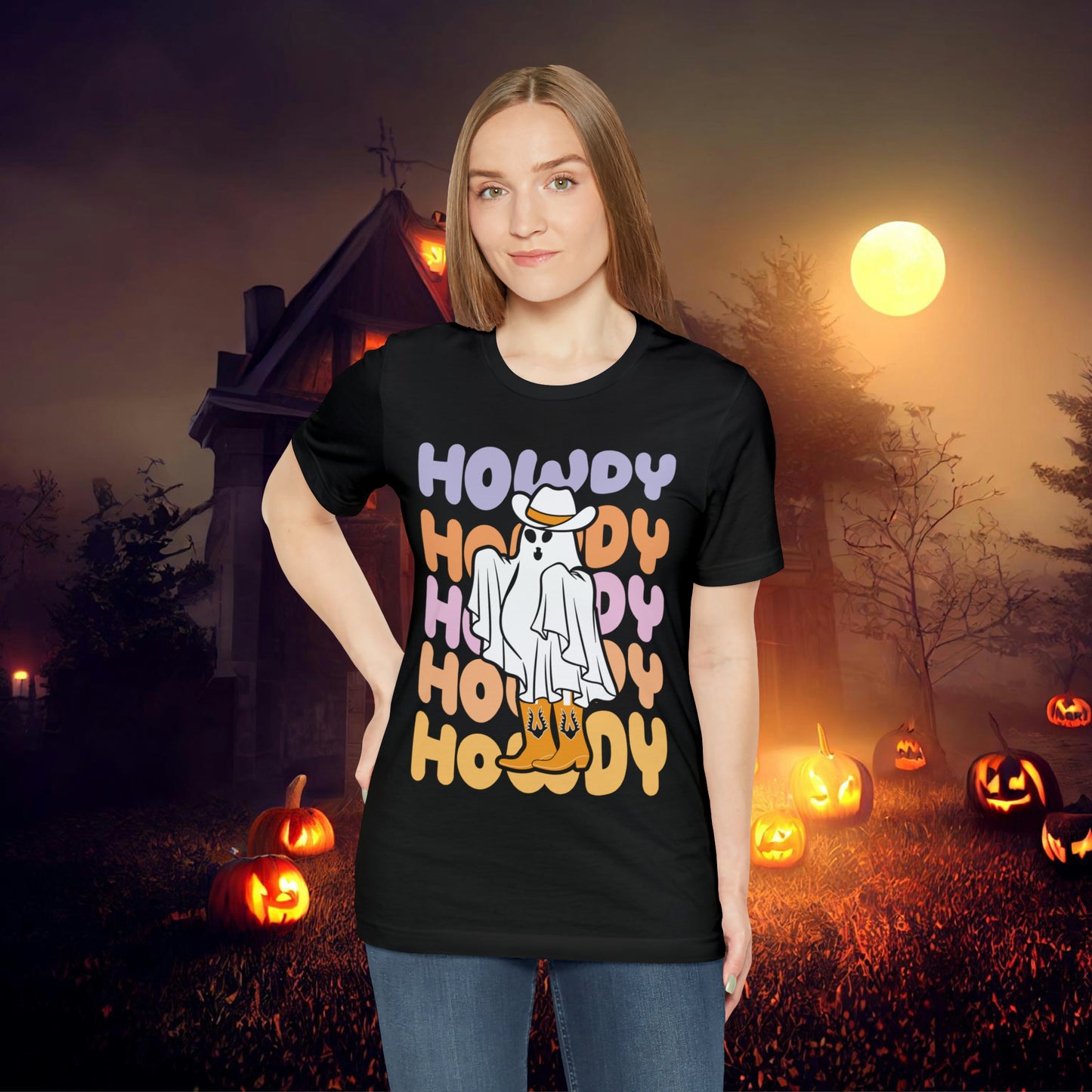 Cowboy Ghost Howdy Retro Halloween Unisex Jersey Short Sleeve Tee Gifts for Him Gifts For Her