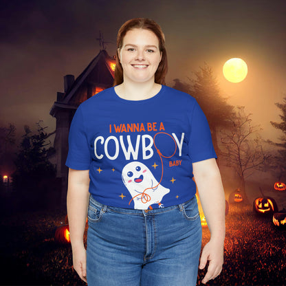 Little Ghost Saying I wanna be a cowboy baby Retro Groovy Western Halloween Unisex Jersey Short Sleeve Tee Gifts for Him Gifts for her.